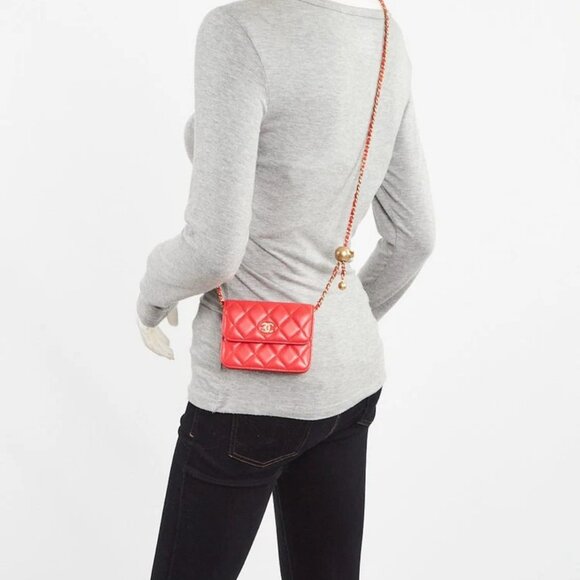 Chanel Red Quilted Lambskin Leather Pearl Crush Mini Clutch Chain Bag - Picture 2 of 12